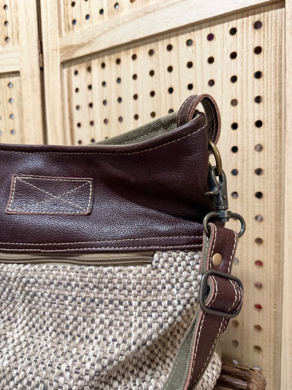 Myra Bag Woven Canvas & Leather Boho Slouch Crossbody Purse - Picture 5 of 12